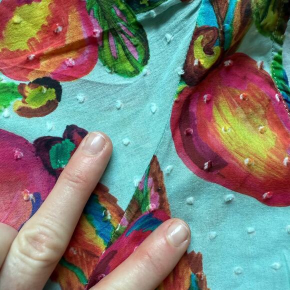 Farm Rio Cropped Blouse Fruit Print Beaded Sleeve Tie Top XS - Picture 11 of 11